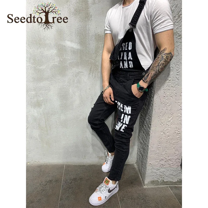 Letter Pattern Casual Hole Men's Jeans Slim Overalls Denim Trousers