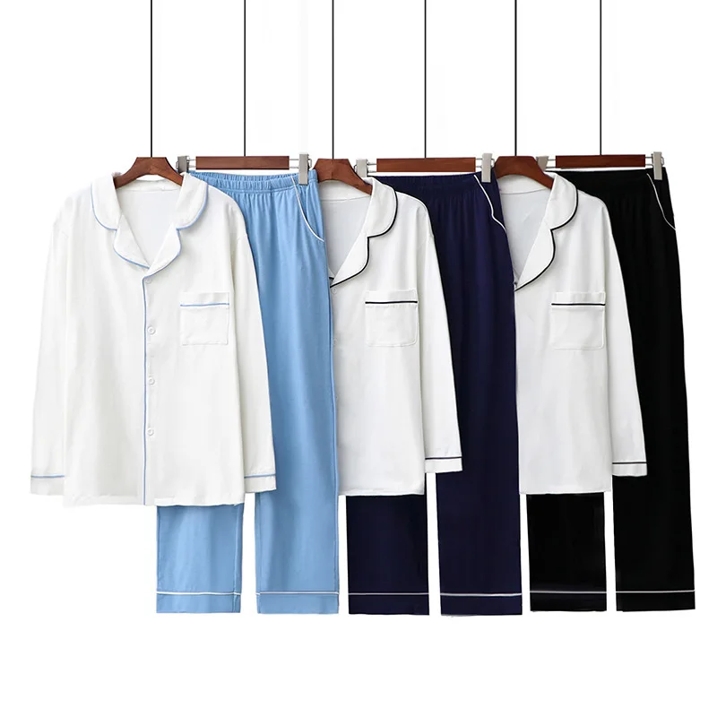 

2020 Spring Autumn New Solid Couple Pajamas Pure Cotton Simple Comfortable Long Sleeve Pajamas Home Clothes Set Pajama Set