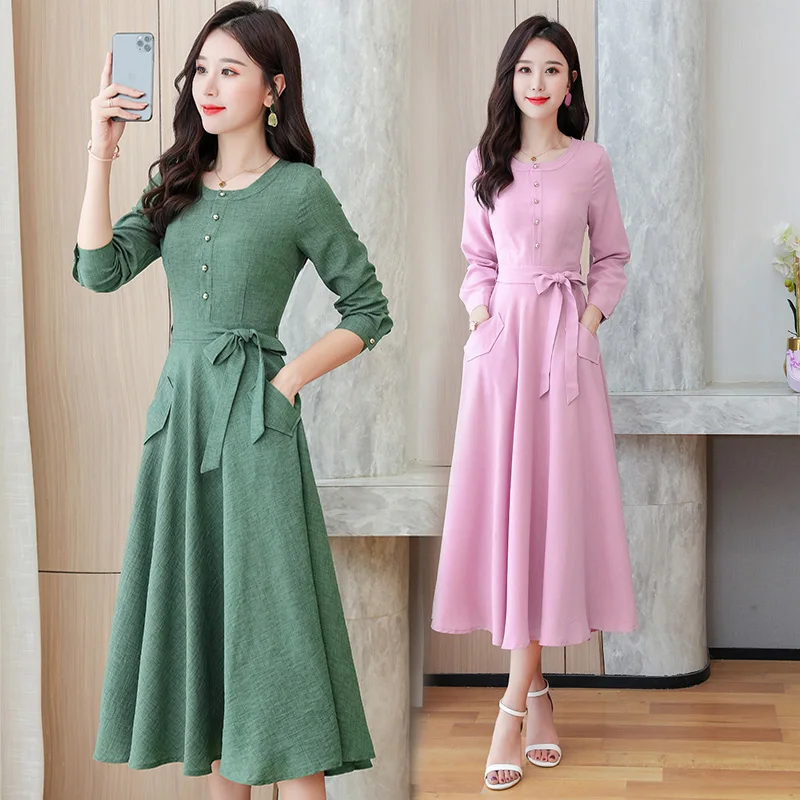 

2020 autumn new age-reducing slimming slimming comfortable cotton and linen dress literary and artistic casual knee length skirt