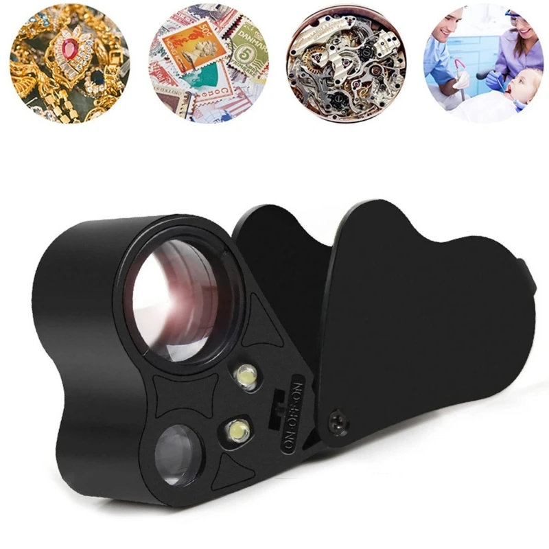 

K1KA 30X 60X Illuminated Jewelers Eye Loupe Magnifier Foldable Jewelry Magnifier with Bright LED Light Gems Jewelry Coins