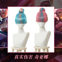 wig lol qiyana cosplay wig true damage cosplay blue mixed pink wigs with bun heat synthetic hair