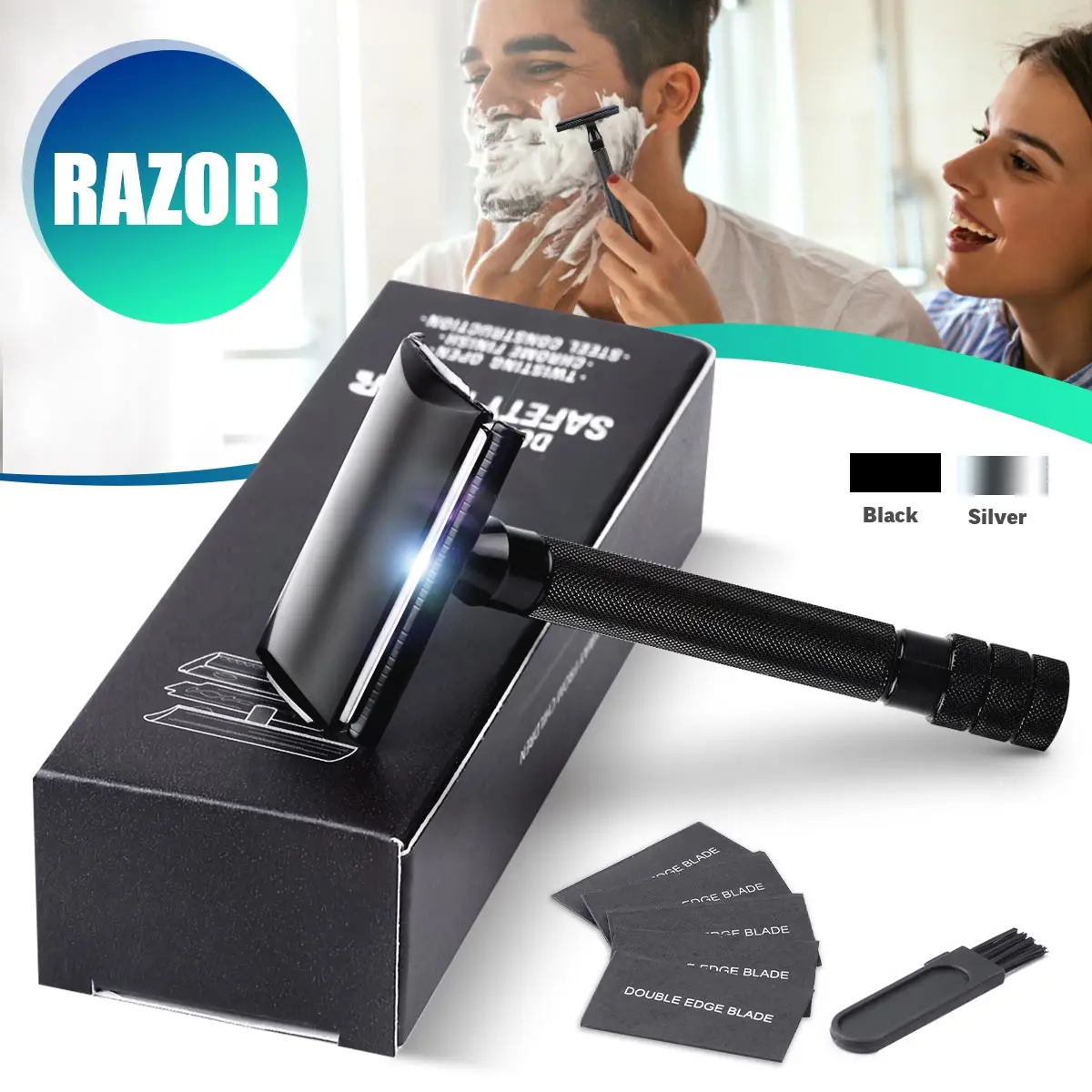 

Adjustable Safety Razor Double Edge Classic Men's Shaving Removal Shaver Facial Brush with 5 Replaceable Blades