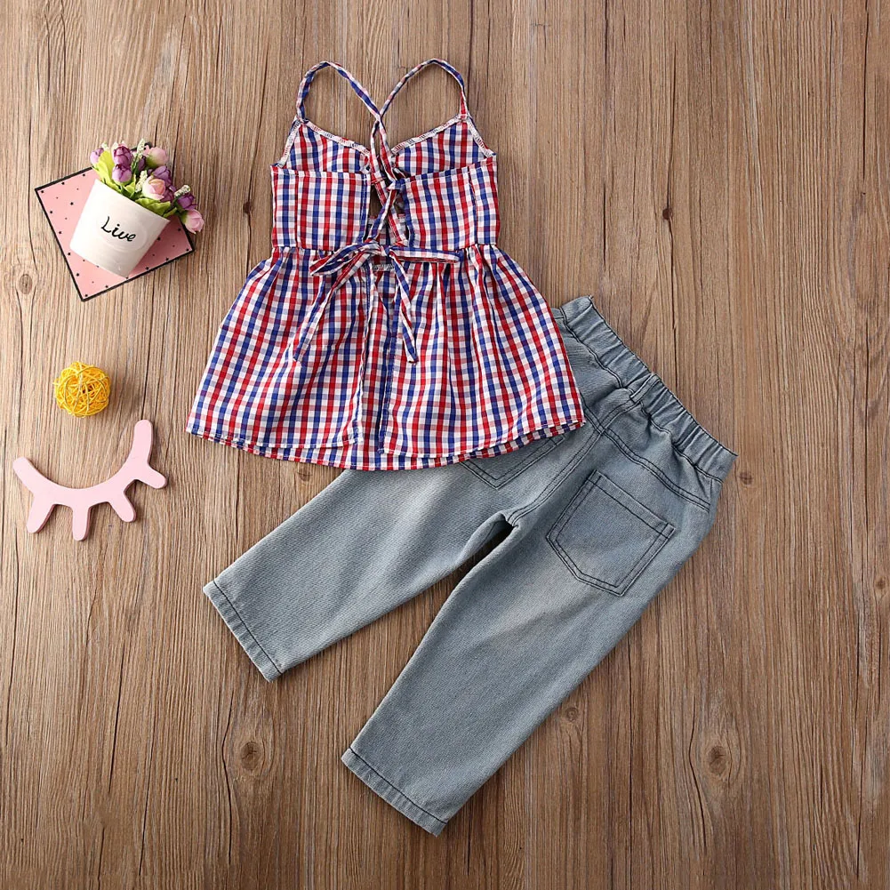 2-7Y Toddler Baby Girls Plaid Outfits Clothes Sets Print Sleeveless Tops Vest+Jeans Denim Pants 2PCS Set | Мать и ребенок