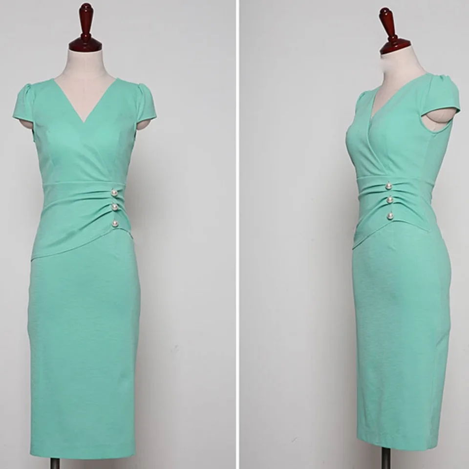 

Temperament Elegant Party Dress 2021 Summer Plain Sexy V-Neck Ultrashort Short Sleeve Decorative Buttons High Waist Tight Dress