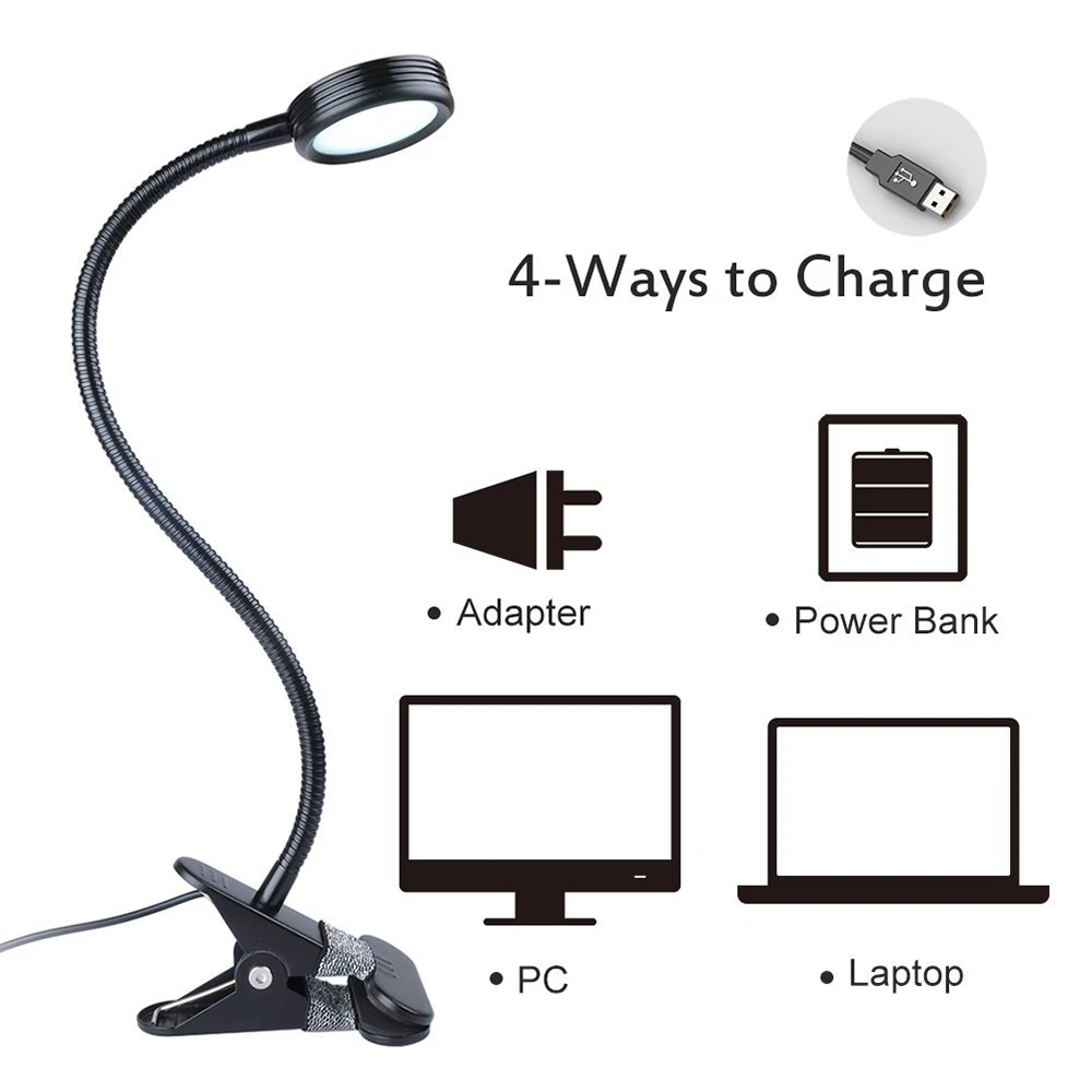 Настольная лампа с клипсой регулируемая по USB холодный белый Настольный