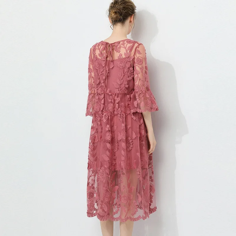 

Large Size Women's Clothing Elegant Lace Summer Dress Lace Embroidery Midi Casual Party Dresses Plus Size Dress TA7665