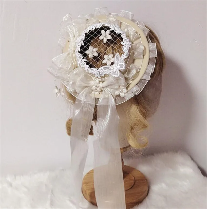 Бежевая шапка в стиле &quotЛолита&quot плоская шляпа кружевной бант Цветочная