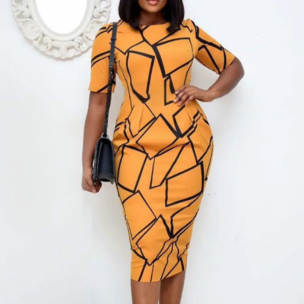 Желтое облегающее платье с принтом летние платья коротким рукавом для ужина