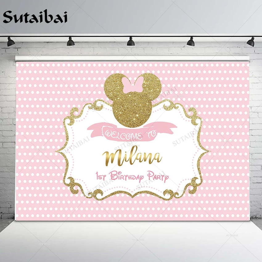 

Photography Backdrops Custom Pink Mouse Birthday Party Backdrop Girls Princess Personalised Decor Backdrop Photo Studio Banner