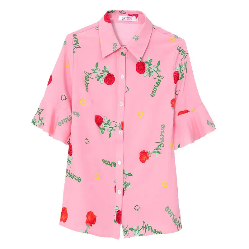 

Elegant White Printed Shirt Women's Mid-Sleeve Top Straight Simple Chiffon Shirt Flare Sleeve Blouse Ladies Multi-Color Blouses