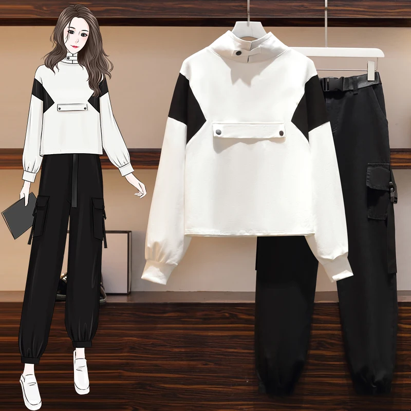 

Fashion sports two piece suit ladies spring patchwork plus size long sleeved sweatshirt and pocket loose trousers two piece sets