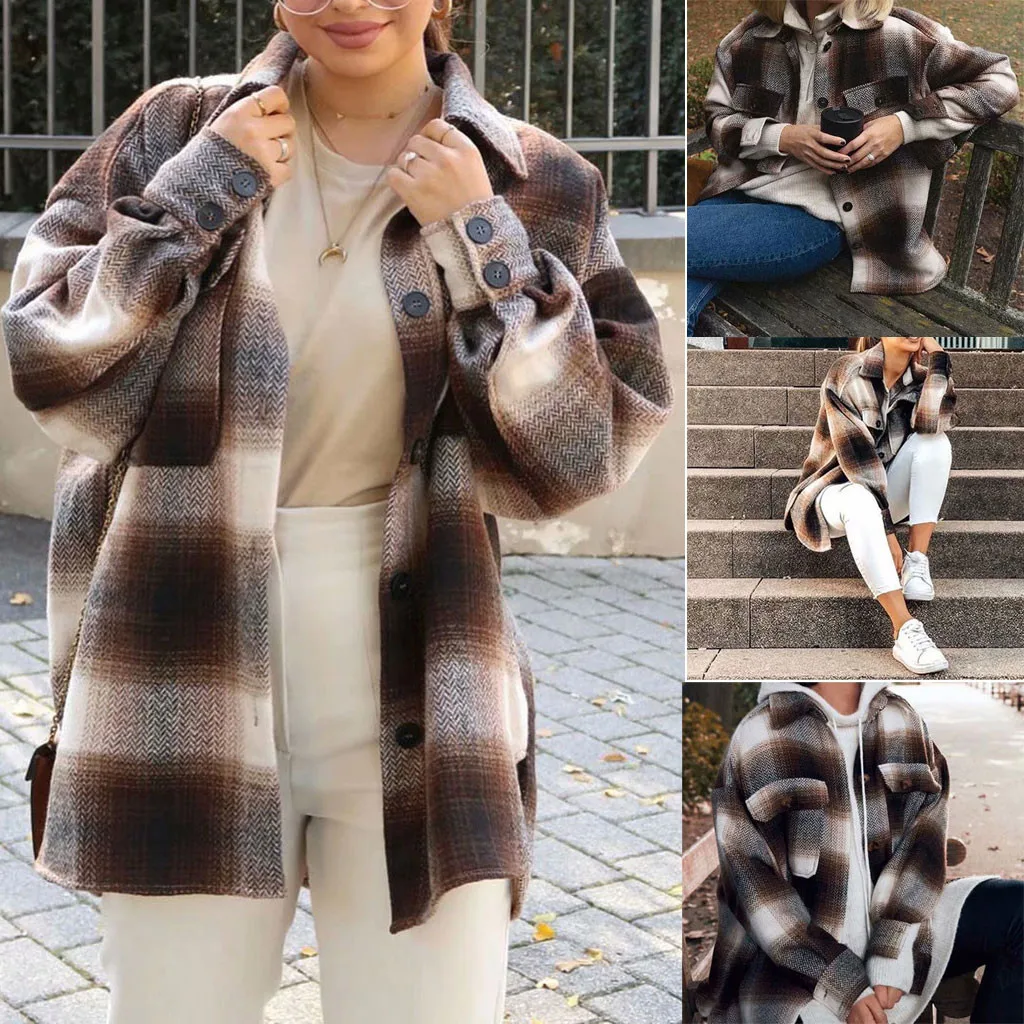 Винтажное Женское пальто рубашка с длинными рукавами карманами и пуговицами