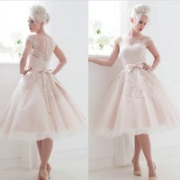 vintage style cap sleeves bow lace tea length ball gown short bride gown 2018 short evening party mother of the bride dresses