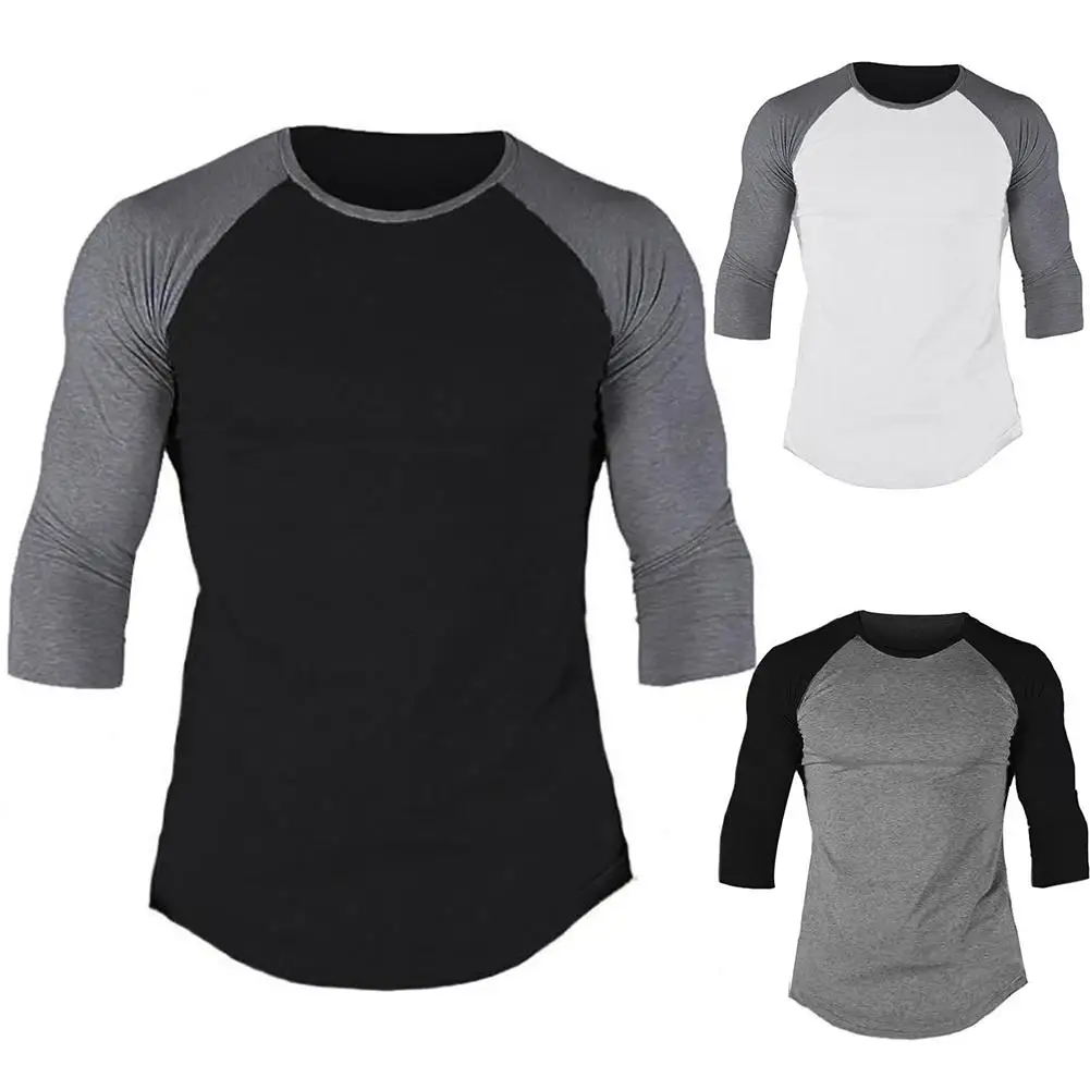 Спортивная Мужская хлопковая футболка с рукавом 3/4 круглым вырезом и цветными