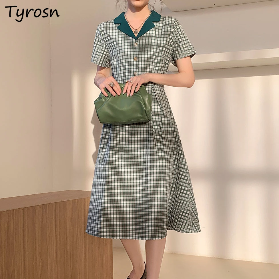 

Short Sleeve Dress Women Notched Button Green Plaid Dresses Gentle Retro French Style Defined Waist Vestidos Feminine Streetwear