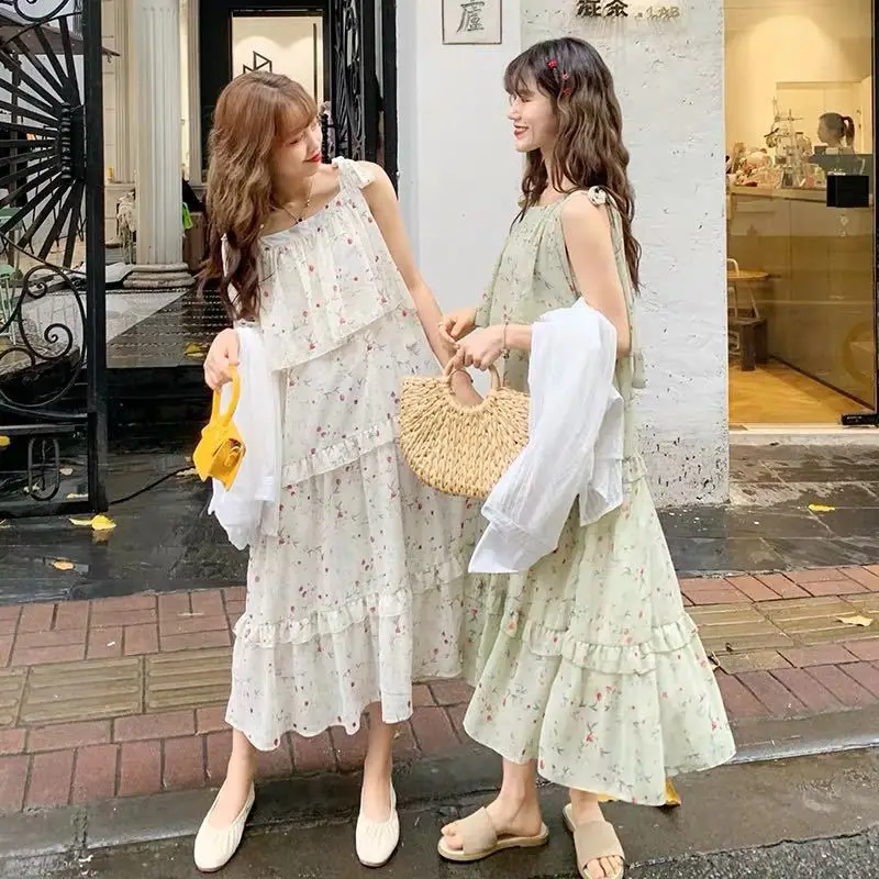 

2020 New Summer Women Sweet Floral Printed Layered Cake Dress Female Chiffon Spaghetti Strap Ruffles Pleated Dress Vestidos Z238