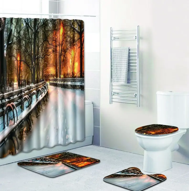 

Waterproof Bath Mat and Bathroom Shower Curtain Set for Bathroom Non-Slip Toilet Carpet Toilet Seat Cushion with Foor Rug Mat