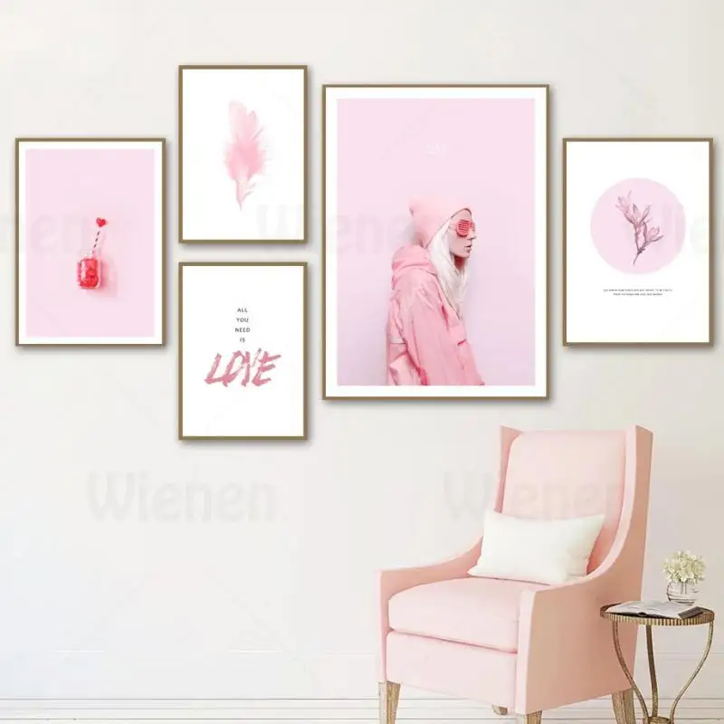 Розовые плакаты и принты модная девушка перо цветок сердце настенная Картина на