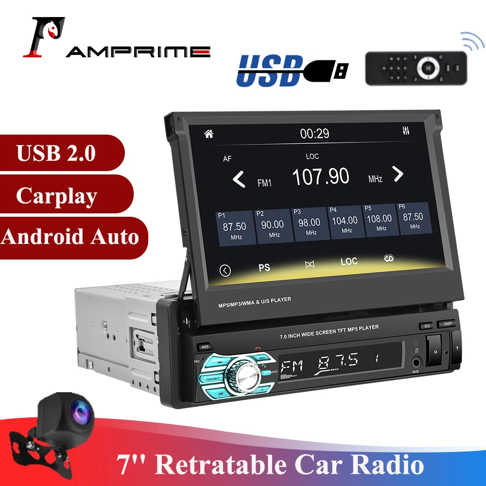 Автомагнитола AMPrime, 1DIN, Android, автомобильный радиоприемник MP5, 7-дюймовый выдвижной Встроенный Bluetooth USB, универсальный автомобильный