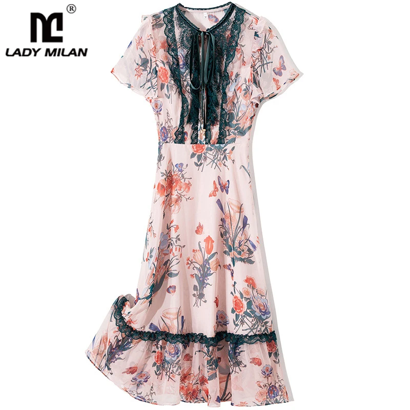 Женское модное подиумное платье с круглым вырезом и короткими рукавами оборками