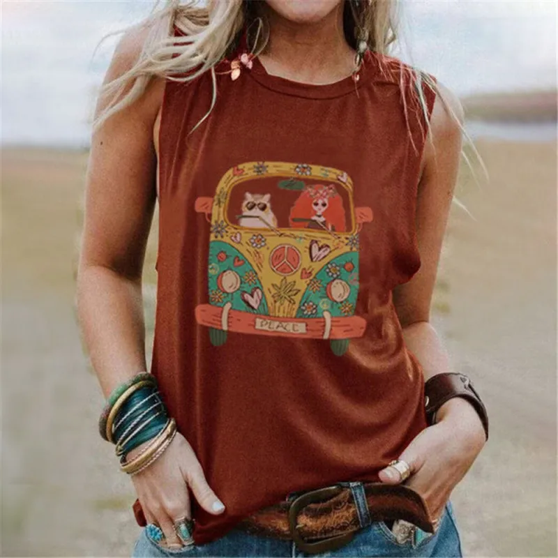 

2020 New Women S-5XL Sleeveless Cartoon Printed Vintage Tshirts O-Neck Cute Loose Tee Tops Female Summer Casual T Shirts Clothes