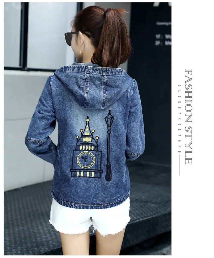 

Autumn Winter 2020 Women Embroidery Jeans Jacket Korean Long Sleeves Hooded Zipper Denim Jacket Femlale Plus Size Windbreaker