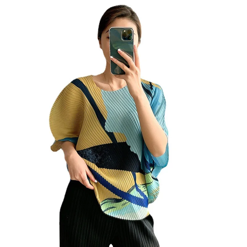 

LANMREM Pleated Printed T-shirt Women's Loose Batwing Sleeve Round Neck T-shirt 2021 Summer New All Match Top 2D1722