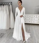 Платье свадебное атласное стрейчевое с длинным рукавом, простой наряд для невесты, с карманами, Свадебная вечеринка, 2022
