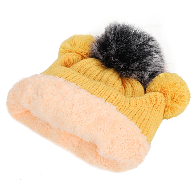 Детская Зимняя Шапка-бини с помпоном из искусственного лисьего меха для