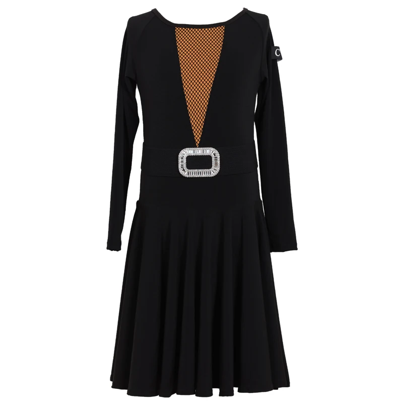 

2020 New Latin Dance Dress Girls Samba Dancing Costume Cha Cha Practice Wear Performance Long Sleeve Black Dress Belt Set