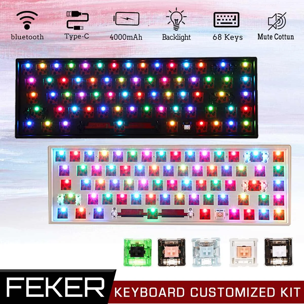 

FEKER 68 Keys Hotswap DIY Keyboard Customized Kit Triple Mode bluetooth 2.4Ghz NKRO Backlit Mute Cotton Mechanical Keyboard Kit
