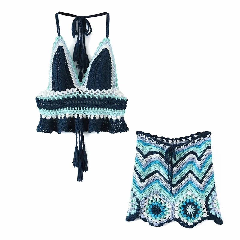

Tossy Knitted V-neck Print Sleeveles Backless Two Pieces Set For Women Sexy Halter Skirt Party Summer Causual Y2K Beachwear