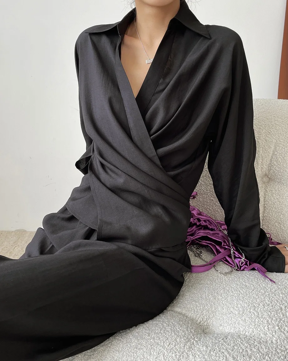 

Стильная рубашка с запахом, женская блузка с длинным рукавом, модная черная, зеленая