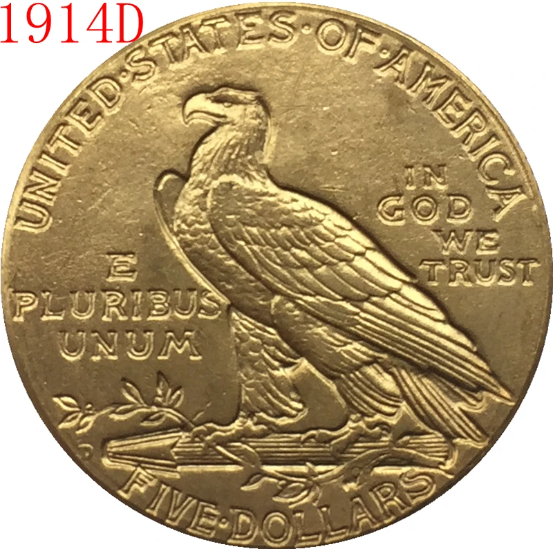 24 каратное позолоченное золото 1914 D $5 копия индийской половины орла|Безвалютные