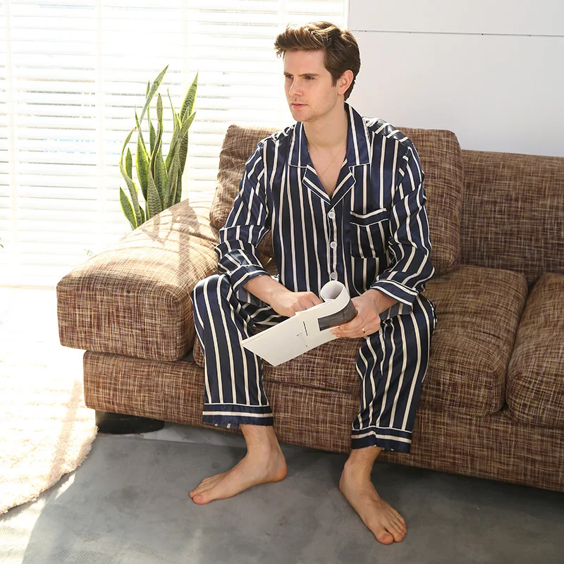 Шелковые пижамы для мужчин весна осень лето полосатые мужские пижамные