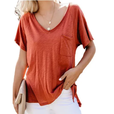 

Women Tops Solid Color V-neck Mixed Cotton Short-sleeved T-shirt Ladies Solid Color Loose All-match Pullover Large Size Top Crop
