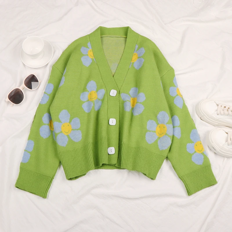 

New 2021 Women Winter Print Cardigan Women Green Short Knitted Sweater V-neck Single Breasted Pullover Loose Long Sleeves