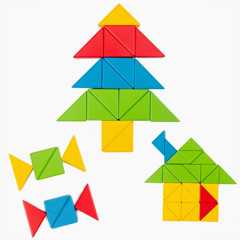 

50 Hardwood Colored Blocks Puzzle Wood Triangle Block wisdom Creative Educational Building Toys For Children Aged 3-6