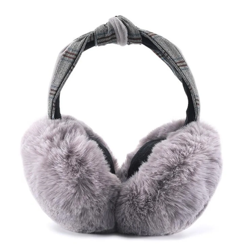 Женские однотонные наушники из искусственного меха с клетчатым твидовым бантом