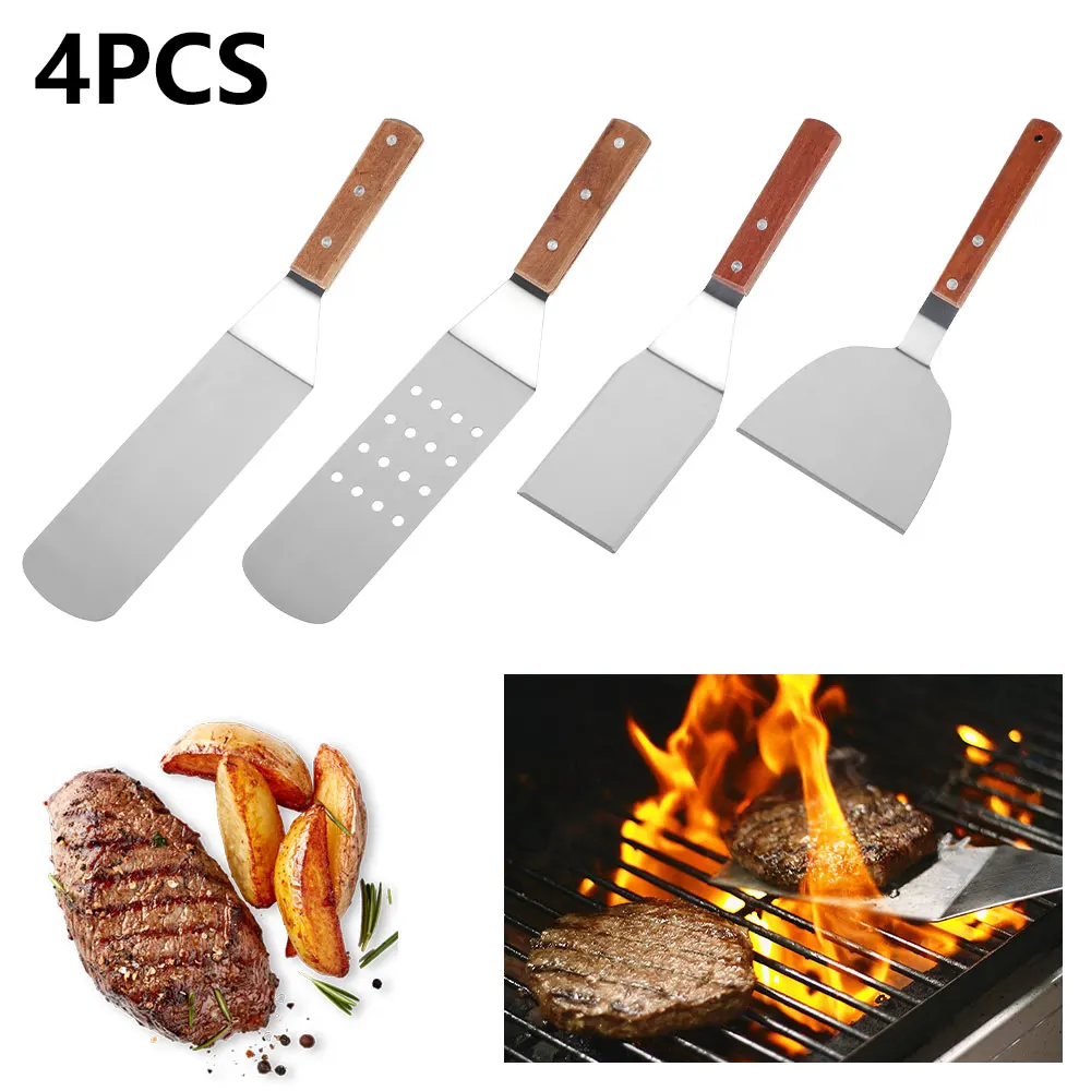 

Stainless Steel BBQ Tools Set High-grade Wooden Handle Frying Scraper Spatula Heavy Duty BBQ Exclusive Griddle Accessories Set