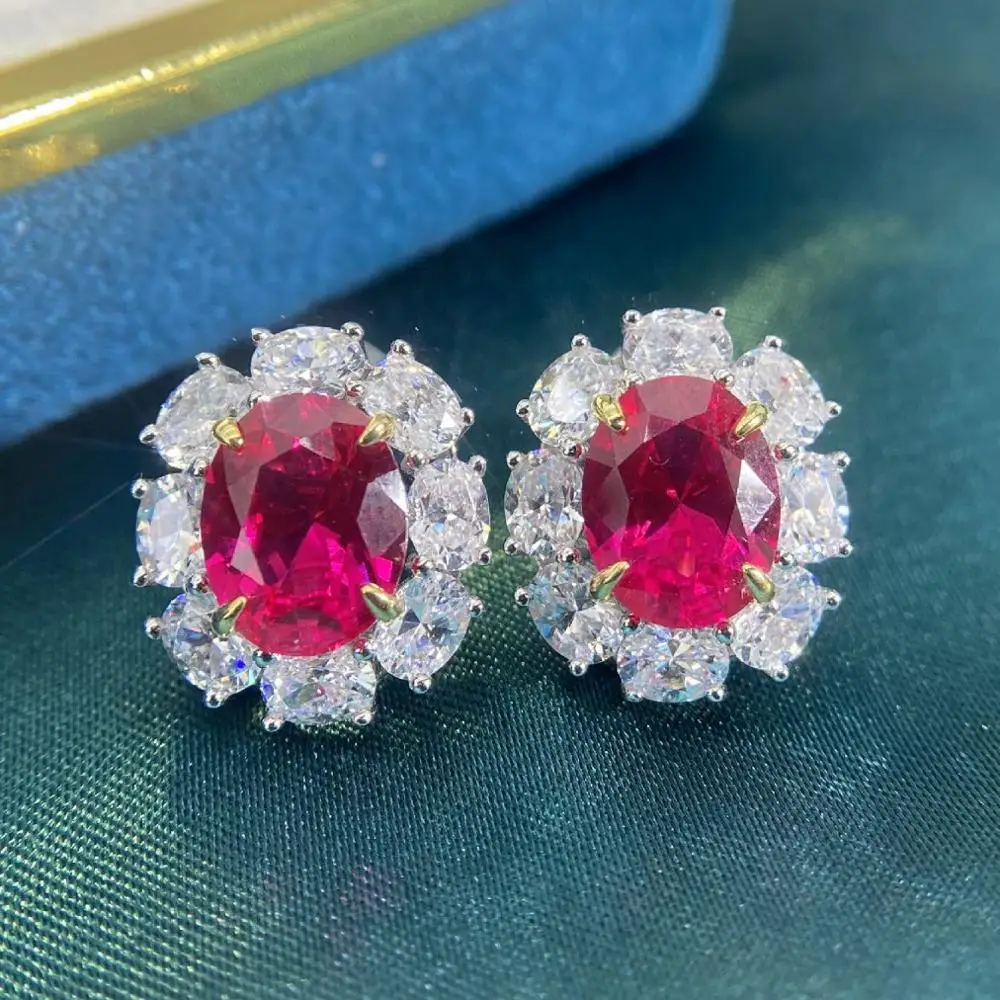 Овальный Красный AAAAA + Класс Циркон Рубин драгоценный камень 925 серебро серьги