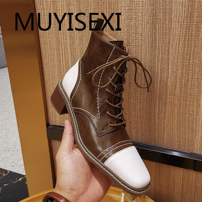 

Mixed color ankle boots modern fashion genuine leather square toe 4.5cm med heel autumn winter mature lady lace up TY11 MUYISEXI