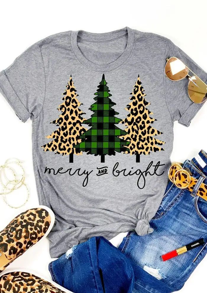 

Merry and bright Christmas tree Print crew neck short sleeve T-shirt