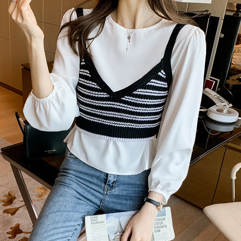 

Шифоновая рубашка + жилет, вязаный осенний наряд, новый дизайн, чувственный маленький женский топ из двух частей с длинными рукавами и V-обра...