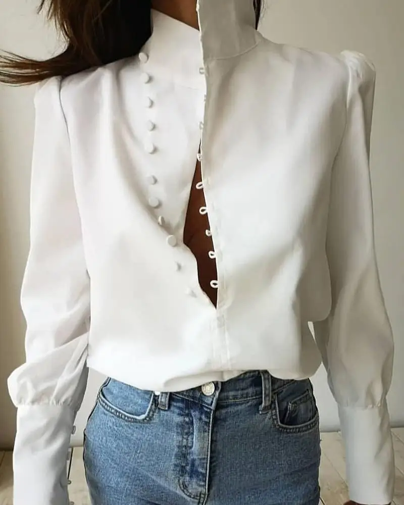 Женская блузка с пряжкой и стоячим воротником женские топы длинным рукавом