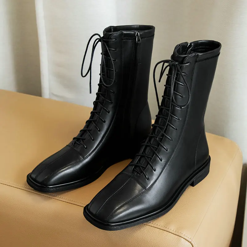 ESVEVA 2021 Lace Up Square Heel Leather+PU All Match Ankle Boots Platform Women Toe Shoes Size 34-39 | Обувь