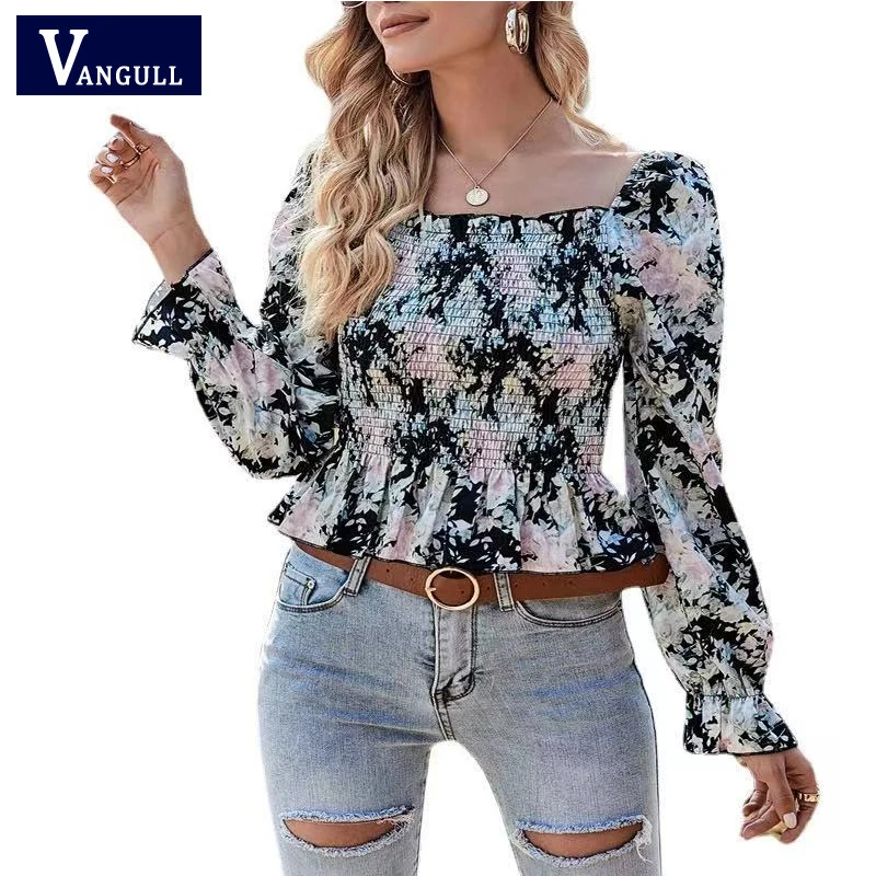 

Vangull Women Floral Blouse Shirt Square Neck Ruffled Long-Sleeved High-waist Bohemian Stretch Top 2021 Female T-shirt