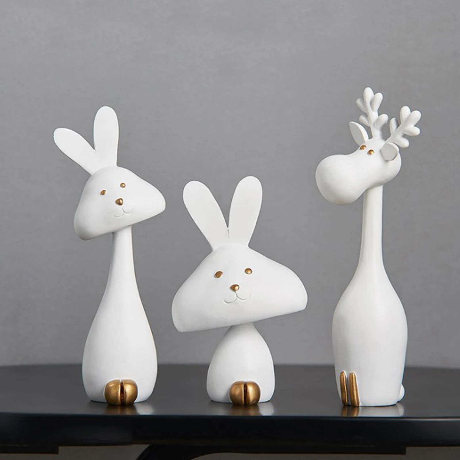 

3pcs Polyresin Bunny Sculpture Cute Carton Reindeer Statue Rabbit Figurine Animal Deer Decoration Ornament Home Decor