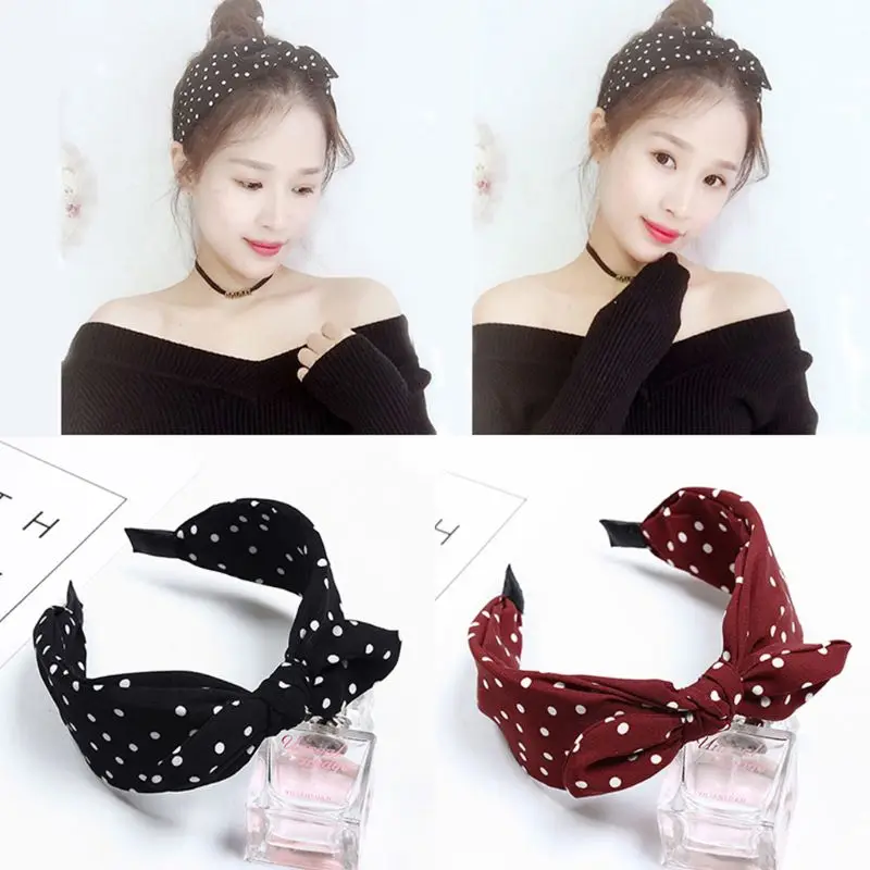 

5 Colors Women Girls Vintage Wide Headband Polka Dot Printed Rabbit Ears Bowknot Korean Hair Hoop Anti-Slip Minimalist Headwear