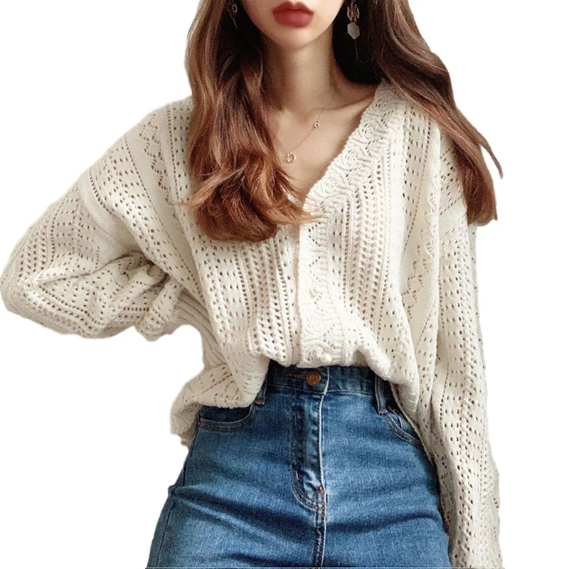 

Sexy V-neck Knitted Women Cardigan Casual Solid White Long Sleeve Hollow Loose Knit Cardigan Elegant Autumn Ladies Sweater Tops